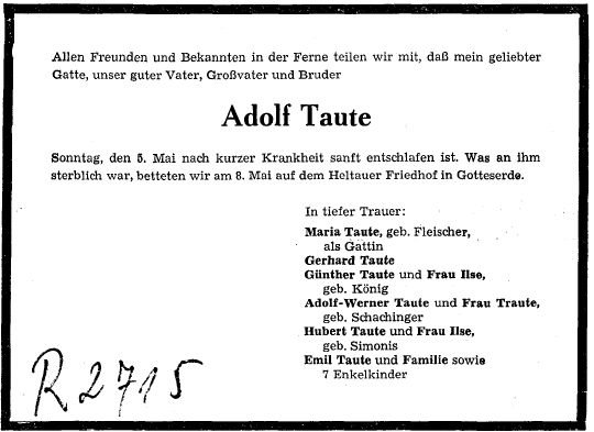 Taute Adolf 1890-1968 Todesanzeige